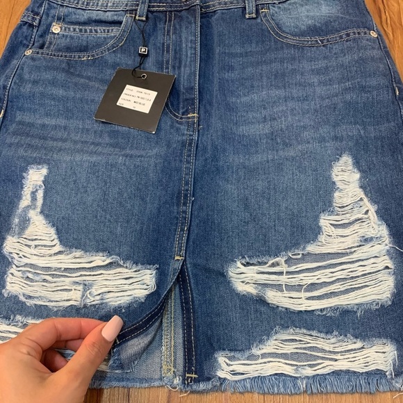 Parisian Midi Distressed Jean Denim Raw Hem Skirt - Picture 10 of 12